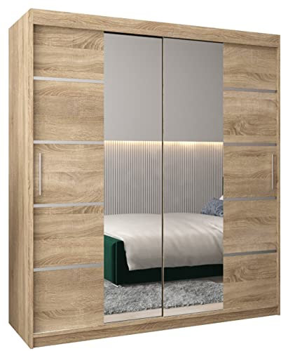 ABIKSMEBLE Verona 4 180 Armario 2 Puertas Correderas para Dormitorio - Armario Moderno con Espejo, Barra y Estantes - 180x200x62 cm (Ancho x Alto x Fondo) - Sonoma