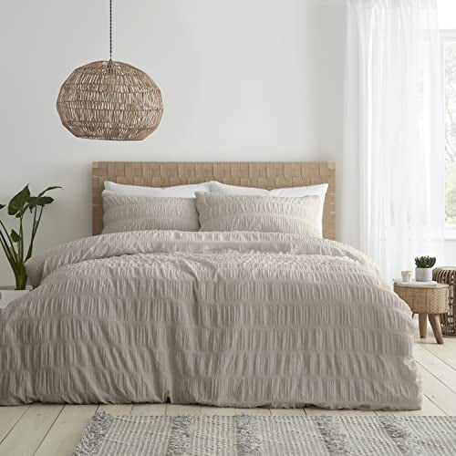 Catherine Lansfield Bedding Seersucker Double Duvet Cover Set with Pillowcases Natural