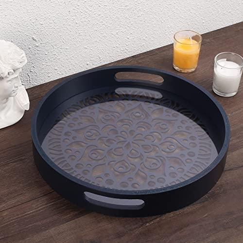 LINKOVE 12 Decorative Tray, Round Wood Tray for Home Decor, Small Wooden Serving Tray with Handles for Coffee Table Decor Centerpiece Ottoman Counter,White Circle Candle Perfume Tray Decor