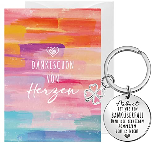 Tenare Dankeschön Geschenke Kollegin ARBEIT IST WIE EIN BANKÜBERFALL Set Schlüsselanhänger Danke Karte Abschiedsgeschenk für Kollegen Mitarbeiter Jobwechsel Ruhestand (Bunter Stil)