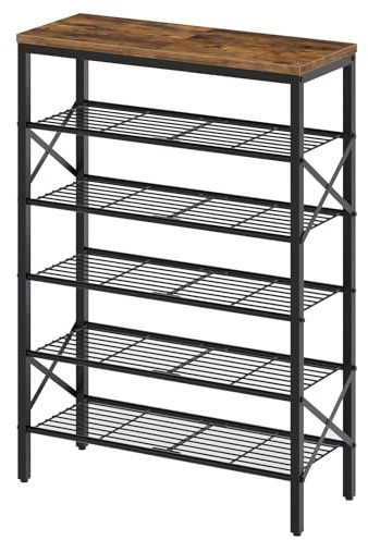 YATINEY SS06BR Schuhregal mit 6 Ebenen, Schuhaufbewahrung für Schrank, freistehender Schuh-Organizer mit Metallgitter-Regalen, 24 Paar Schuhe, rustikales Braun und Schwarz