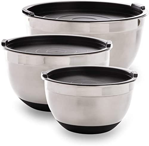 Nobel Mixing Bowl Set of 3, Stainless Steel Nesting Bowls Heavy Duty & Dishwasher Safe, Space-Saving Storage Metal Bowl, Air Tight Black lids (18, 22 & 26 cm Diameter)