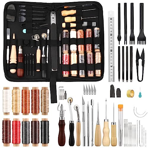 Set di strumenti in pelle, set da cucito in pelle, strumento da cucito in pelle con filo cerato a 10 colori, strumenti di punzonatura a punta, punzone in pelle, ago da cucito, punteruolo da cucito