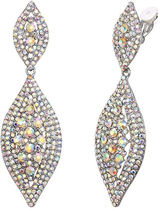 EVER FAITH Damen Ohrclips Hänger Kristall Hochzeit Braut Party Vintage Charm 2 Blatt Ohrringe Clip Irisierend Klar AB Silber-Ton