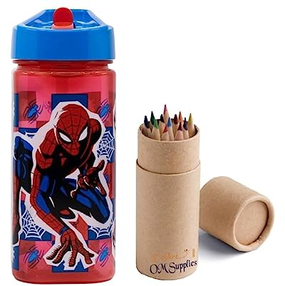 OM SUPPLIES Spiderman - Botella de agua cuadrada reutilizable con asa integrada para facilitar el transporte escolar, almuerzo, para niños, 510 ml, plástico sin BPA, incluye tamaño medio, juego de 12