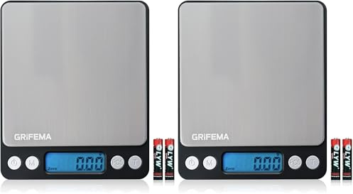 GRIFEMA GA2003 Digital Kitchen Scales with Trays, 500g/0.01g Food Weighing Scales Kitchen, Pocket Scales with Backlit LCD Display (Batteries Included) (Pack of 2)