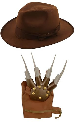 labreeze Explorer-Hut, braune Klauen-Handschuh, Freddy-Krueger-Stil, Erwachsene, Unisex, Halloween-Kostüm, Party, Entdecker-Kostüm-Set