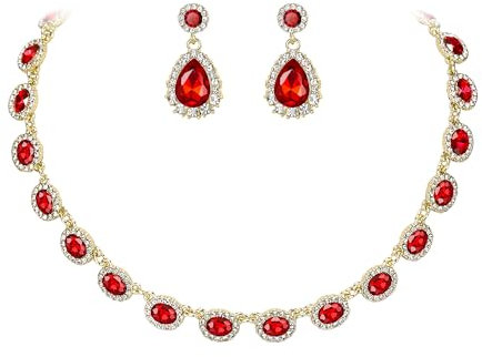 Clearine Prom Costume Jewellery, Oval Crystal Collar Statement Necklace Teardrop Pierced Dangle Earrings Weddding Jewellery Set for Women Bridal Bridesmaids Ruby Gold-Tone