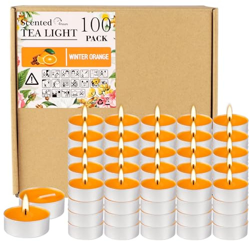 100 Pack Scented Tealight Candles 4 Hours, Winter Orange Aromatherapy Candles for Votive Home, Wedding Holiday and Emergency (Orange)