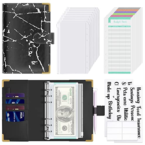 Hnogri Budget Binder with Cash Envelopes, Money Saving Binder, Black Marble | Zipper Cash Envelopes for Budgeting, PU Leather Budget Planner Money Organizer for Cash Bills, Floral Budget Wallet for Women