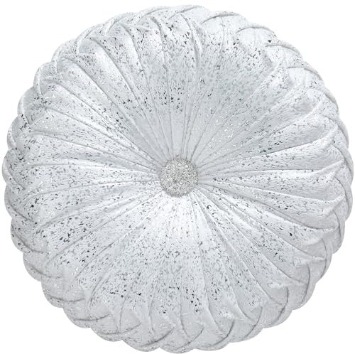 EUCIOR Rundes Dekokissen, weißes und silberfarbenes Dekokissen, Kürbisfalten, handgefertigt, weiß, rund, Samt, dekoratives Kissen für Sofa, Schlafzimmer, Wohnzimmer (Silber-Weiß)