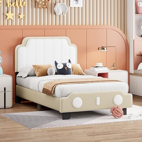 ZYLOYAL10 Kinderbett Polsterbett, PU-Leder Zweifarbig, passend für Jungen und Mädchen, einzigartiges Styling mit Lattenrost Flachbett (Matratze Nicht enthalten) (90 * 200 cm Grau)