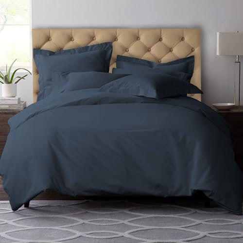Pizuna 100% Coton Ensemble de Housses de Couette 140x200 cm 1 Personne Bleu Fonce, Tissu de Satin de Coton à 600 Fils au Pouce carré Housse de Couette Luxueuse avec Fermeture à Boutons