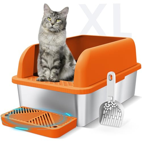 Suzzipaws Large Enclosed Stainless Steel Cat Litter Tray for Big Cats | Extra Large Litter Box with High Sides, Non-Sticky, Easy-Clean Surface, Less Litter Tracking for Multi-Cat Homes, Orange