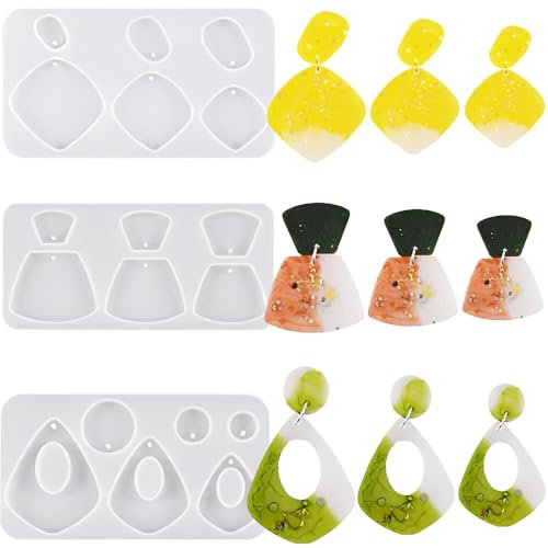 Nifocc Lot de 3 moules en résine époxy pour bijoux - Pendentif - Boucles d'oreilles - Moule en silicone - Forme de goutte - Rhombus - Carré - Moules en résine coulée - Moule en cristal pour bricolage