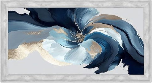 Lupia - Quadro moderno, per soggiorno camera da letto, con cornice BOSTON colore GREY, 60x110 cm, ABSTRACT FLOWER stampa su pannello in legno, stile floreale blu e oro