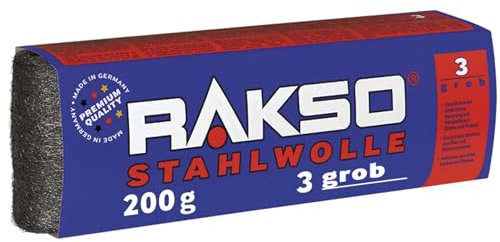 RAKSO Stahlwolle grob 3-1 kg, 5 Banderolen à 200g, verstärkt natürliche Maserung v. Holz, äubert Glas, aufrauen von altem Lack, Farbe