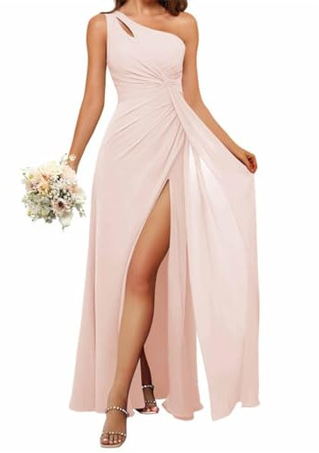 HPPEE Abito da damigella d'onore da donna monospalla con fessura in chiffon lungo abito formale per le donne, Rosa cipria, 44