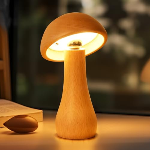 AIEHOUSE LED Cordless Bedside Touch Table Lamp, Small Wood Mushroom Light, Portable Dimmable Battery Mushroom Lamp for Bedroom Nightstand