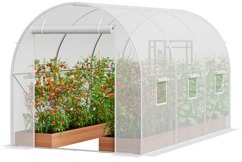 VEVOR Invernadero Túnel 292x196x190 cm Carpa Refugio para Plantas Estructura de Acero Galvanizado Cubierta de PE Puerta Enrollable con Cremallera 6 Ventanas para Cultivo de Verduras Flores, Blanco