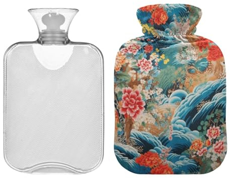 SKYSHU Japan Flower Hot Water Bottle, 1L Transparent Leakproof Hot Water Bag Washable Heat Resistant Water Bottle with Soft Plush Cover for Menstrual Cramps Neck and Shoulder Pain Relief