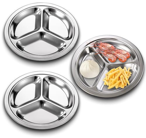 SUNOYA 3 Stück Edelstahl-Teller, 24 cm Edelstahl Geteilt Abendessen Teller, Geteilter Speiseteller, mit 3 Fach, für Kinder, Erwachsene, Camping, Diät Portion Control
