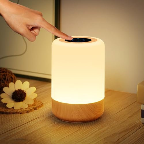 Dorifun LED Nachttischlampe Touch Dimmbar, USB Aufladbar Tischlampe Dimmbar mit RGB Farbwechsel, Holzmaserung Nachtlicht Kinder mit Timer & Memory Funktion für Schlafzimmer Kinderzimmer