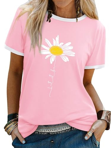 Dresswel Women Let It Be T Shirt Daisy Flower Graphic Print T-Shirt Tops | Crew Neck Short Sleeve Floral Tee Shirts