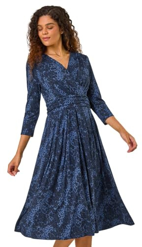 Roman Fit and Flare Dress for Women Ladies Chest Twist Knot Ruched Tea Skater Empire Waist Wedding Guest Smart Casual Swing Midi 3/4 Long Sleeve Knee Length - Blue Noir - Size 12