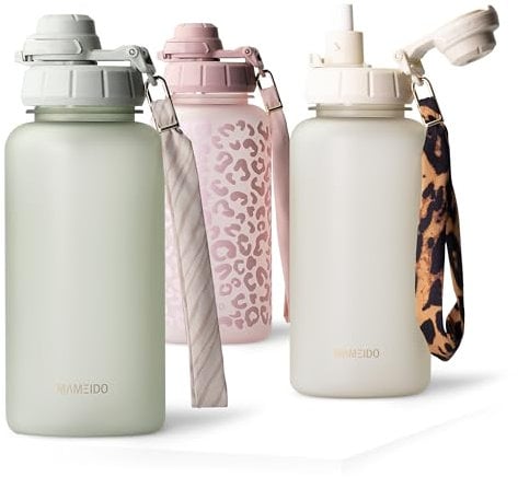 MAMEIDO Gourde 1l avec Paille & Marqueur de Temps de Motivation, Gourde Sport avec Dragonne, Gourde Enfant étanche, Bouteille d'eau sans BPA, Water Bottle (Desert Sage, 1000ml)