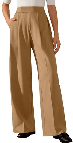 Arach&Cloz Women's Wide Leg Pants Wrinkle-Free Pleated Business Casual Work Dress Pant Trousers Slacks with Pockets Regular Length Camel M