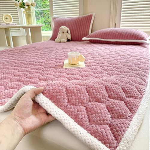 Plüsch-Matratzenauflage, waschbar, rutschfest, für Doppelbett/Einzelbett, superweiches Plüsch-Bettlaken mit Kissenbezug, bequeme Samt-Oberseite, Matratze, Einzel-/Doppelgröße, Rosa, 90 x 200 cm
