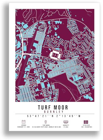 Mounted Gifts Trading Turf Moor Stadium Map Minimalist A4/A3 Poster Photo Print Framed Gift Burnley (A3 Poster Only)