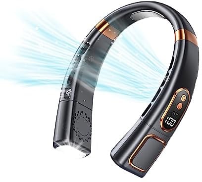 Neck Fan, Portable Neck Fan Rechargeable, Bladeless Fan with 5 Speeds, Light, LED Display & Ice Tiles, Wearable Hands-Free Personal Hanging Fan for Men & Women, Travel, Office, Home (Black)