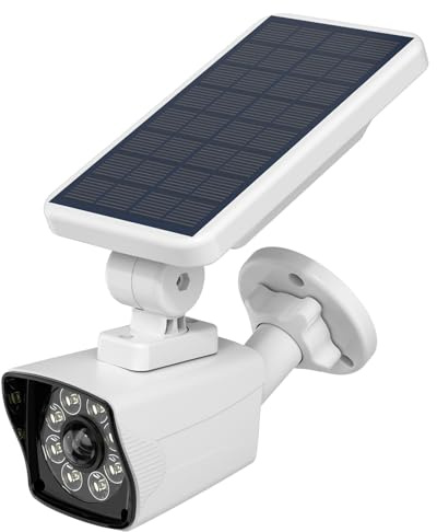 Solar Sicherheitsleuchten mit Bewegungsmelder für den Außenbereich, Batteriebetriebene kabellose Fake Kamera mit Flutlicht, bewegungsaktivierter Dummy Kamera Strahler für Garten, Garage, Gehweg