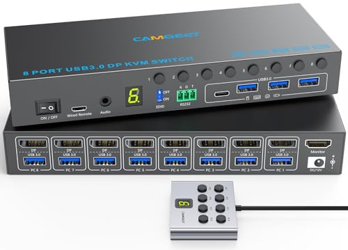Displayport KVM-Switch mit 8 Anschlüssen, 4K @ 60 Hz, EDID-Simulation, USB 3.0 Display-Port, KVM-Switch, 8 Computer, teilen 1 Monitor und 4 USB-Geräte, KVM-Switches mit Audio RS232 Wied Remote 12 V