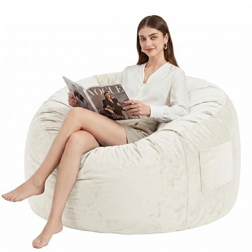 Kasunpul Sitzsack Stuhl Sitzsack Stühle für Erwachsene Riesen Sitzsäcke mit Samtbezug Bean Bag Flauschige Sitzsäcke für Wohnzimmer, Schlafzimmer, Weiß, 90 x 90 x 49cm
