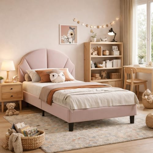FEEOHOME Gepolstertes Bett für Mädchen 90x200, Kinderbett für Mädchen, Kinder-Doppelbett mit verstellbarem Kopfteil und Lattenrost, Bettgestell für Kinder, Jugendliche, Samt