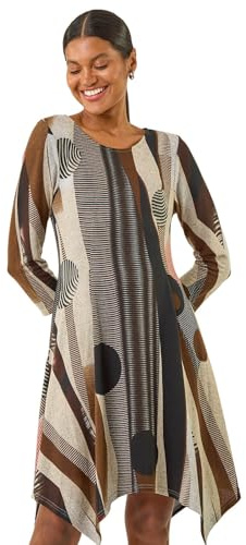 Roman Hanky Hem Swing Dress with Pockets for Women UK Ladies Asymmetric Hemline Stretch Jersey 3/4 Sleeve Winter Smart Casual Work Office Knee Length Tunics - Tan - Size 16
