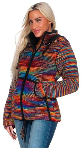 Kunst und Magie Damen Strickjacke Schurwolle Jacke aus Wolle Winterjacke Regenbogen Bunt (DE/NL/SE/PL, Alphanumerisch, L, Regular, Regular)