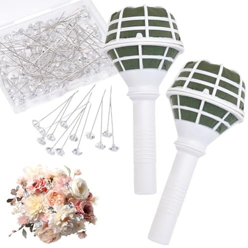 SOFPLATE 2 Stück 7 Zoll Brautstraußhalter Hochzeitsstraußgriff mit 100 Strassstecknadeln Diamantweiße und Grüne Blumennkunststoffgriffe für Frische und Künstliche Blumennarrangements Hochzeitszubehör