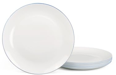LaGlint Juego de 6 platos de ensalada blancos de vidrio opal de 21,6 cm, con borde azul marino pintado a mano, ligeros y prácticos para cocina