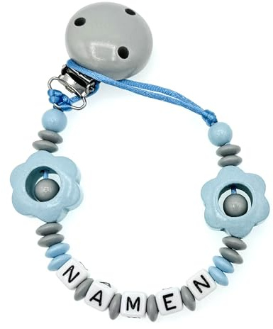 Nuckelkette mit Namen  BLUME  Hellgrau Babyblau/Baby/Unisex/Personalisiert/HANDMADE