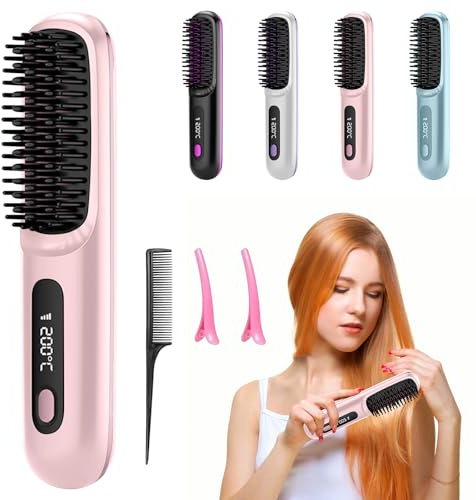 Brosse Lissante Sans Fil pour Cheveux Courts – Cocoony Rechargeable Chauffe en 20s avec Écran LCD – Lisseur Portable à Ions Négatifs pour Voyage, Bureau & Coiffage Quotidien (Rose)
