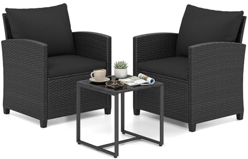 COSTWAY Rattan Gartenmöbel Set, Balkonmöbel Kleiner Balkon, Balkon Möbel inkl. 2 Stühle mit Kissen & Tisch aus Glas, Balkonset 2 Personen, Outdoor Sitzgruppe für Garten Pool (Schwarz-Schwarz)