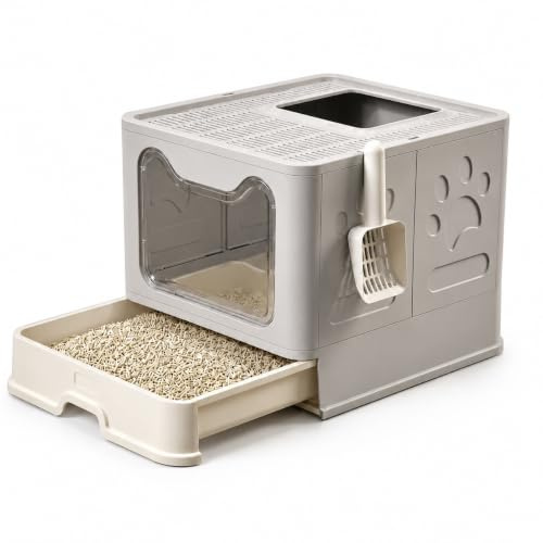 Arenero para Gatos Cerrado con Cajón Extraíble y Doble Entrada – Bandeja Higiénica con Tapa, Puerta Transparente, Entrada Superior con Rejilla Filtrante y Pala Incluida, Anti-Olor, Fácil Limpieza