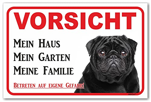 AdriLeo Schild - Vorsicht schwarzer Mops - Mein Haus - (15 x 20cm) / Achtung Hund Wachhund robust langlebig UV-beständig wetterfestes Warnschild