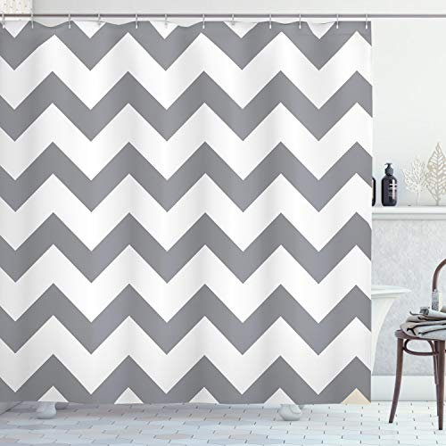 ABAKUHAUS Chevron Duschvorhang, Geometrische Zickzack-Streifen, Stoffliches Gewebe Badezimmerdekorationsset mit Haken, 175 x 180 cm, Grau weiß