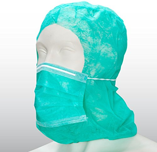 BICAP Astro Haube mit 2-lagigem Mundschutz 50 Stk, Haarnetz aus PP-Vlies mit angenähter Maske in grün, Kopfhaube mit Gummizug und Face Mask, Krankenschwester & Pflege Zubehör, Kopfschutz Küche