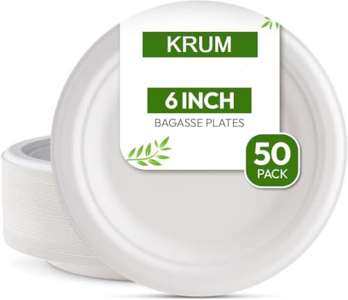 KRUM Platos de paja de bagazo y arroz de caña de azúcar, paquete de 50